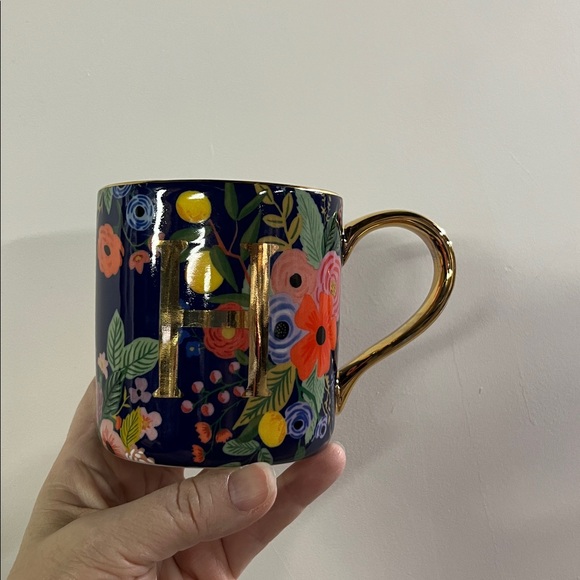 ANTHROPOLOGIE RIFLE PAPER CO. Garden Party Monogram "H" Coffee Mug Navy/Gold - Picture 1 of 10